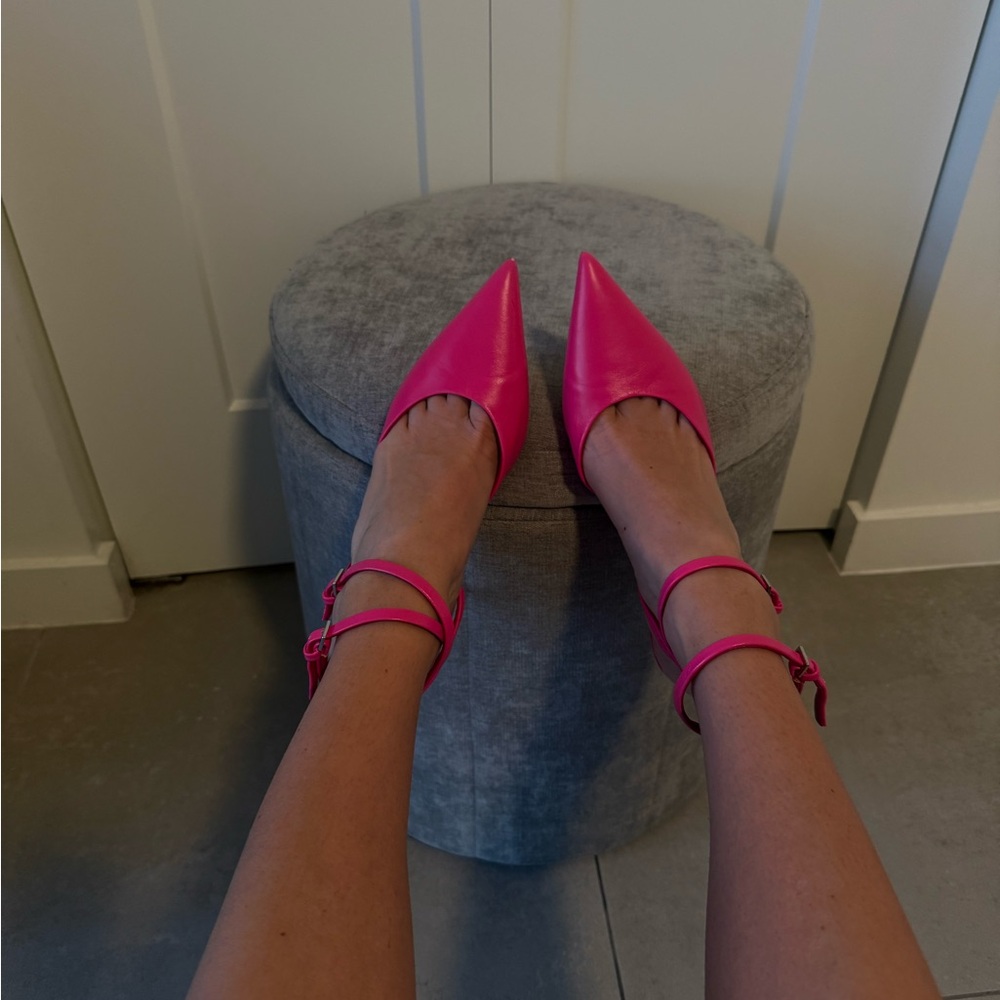 Zara Double Ankle-Strap Pointed Pumps in Bright Pink